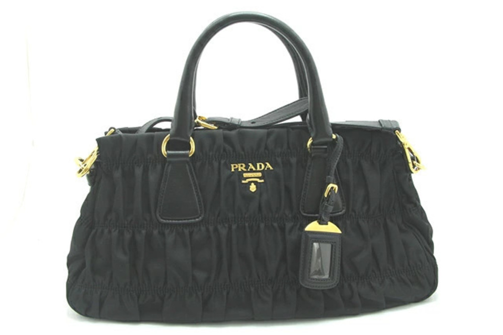 Prada Tessuto Shoulder Bag Black Leather Gathered